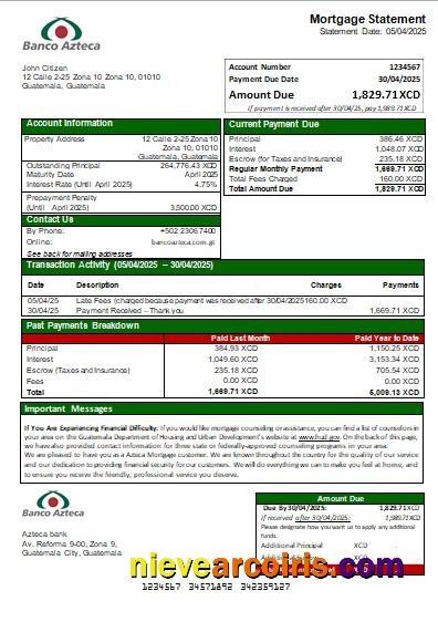 Guatemala Azteca bank mortgage statement